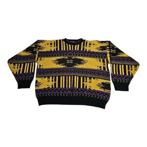Vtg 90s VanCort Knit Sweater Mens LARGE Geometric Aztec Western Yellow Purple